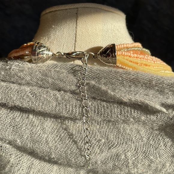 Gorgeous multi strand seed bead necklace in peach, lime, yellow, & silver. - Picture 9 of 12